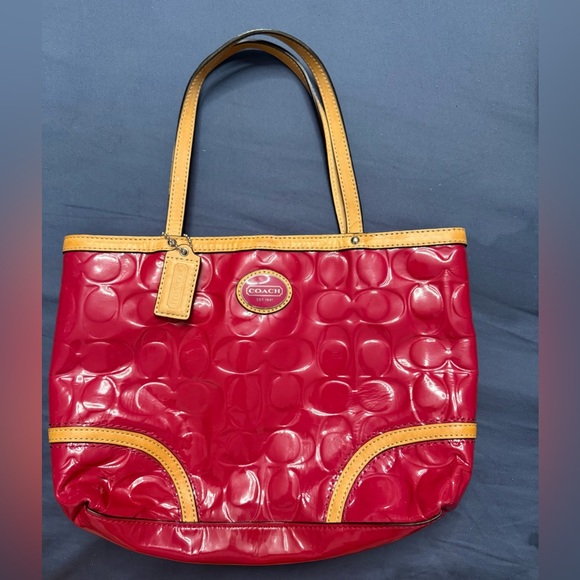 Coach Handbags - Coach patent leather print mini tote shoulder hand bag pink
